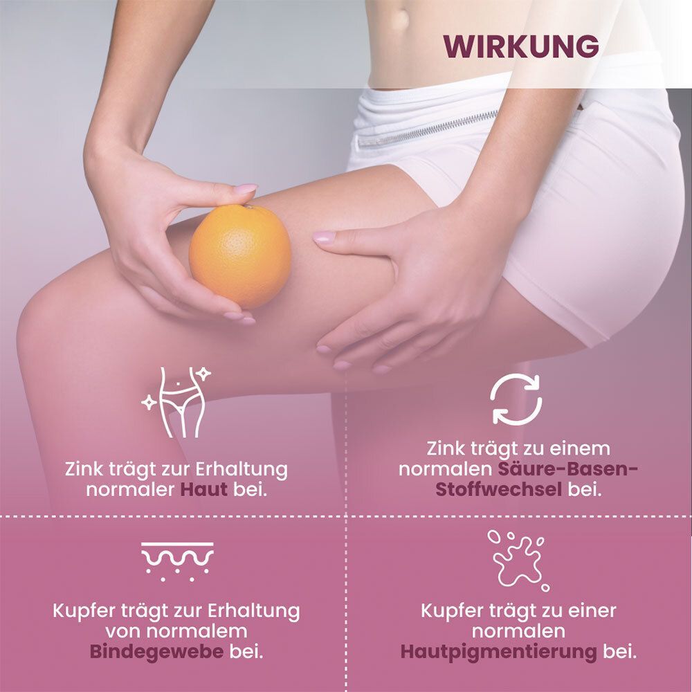 Frau mit Orange und Icons zur Wirkung von plantoCAPS® CELLUVITE® PLUS.