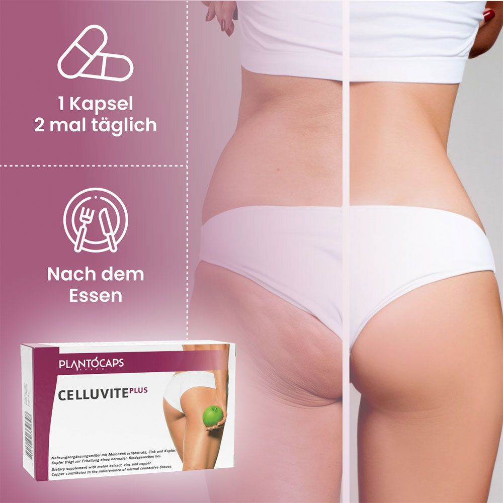 Vorher-Nachher-Vergleich von Körperpartien und Einnahmehinweis für plantoCAPS® CELLUVITE® PLUS.