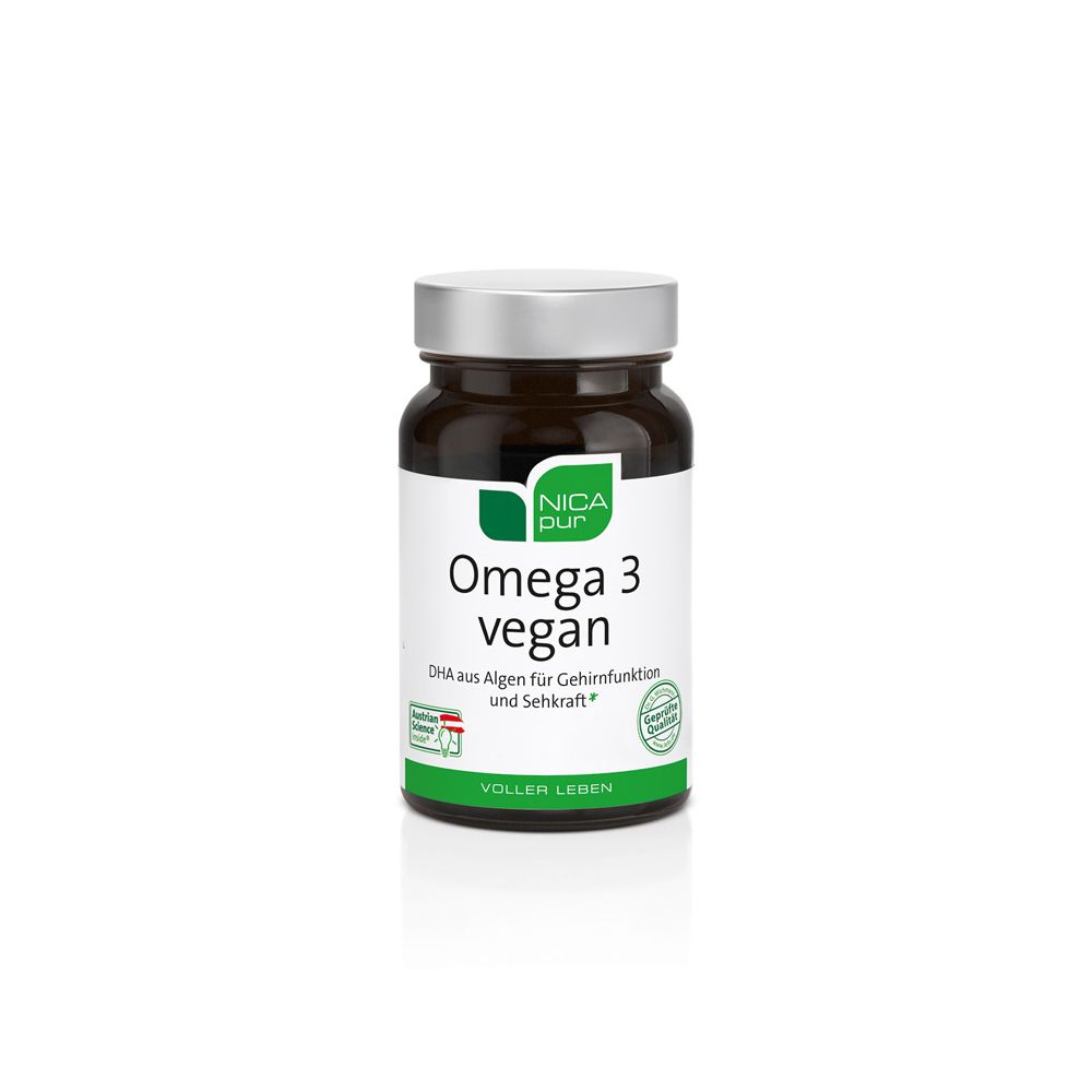Braune Glasflasche mit weißen Etikett. Aufschrift: NICApur Omega 3 vegan. Mit grünen Akzenten und silbernem Deckel.