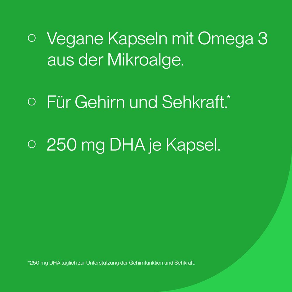 Grüner Hintergrund mit Text. Vegane Kapseln mit Omega 3 aus Mikroalgen. Für Gehirn und Sehkraft. 250 mg DHA pro Kapsel.