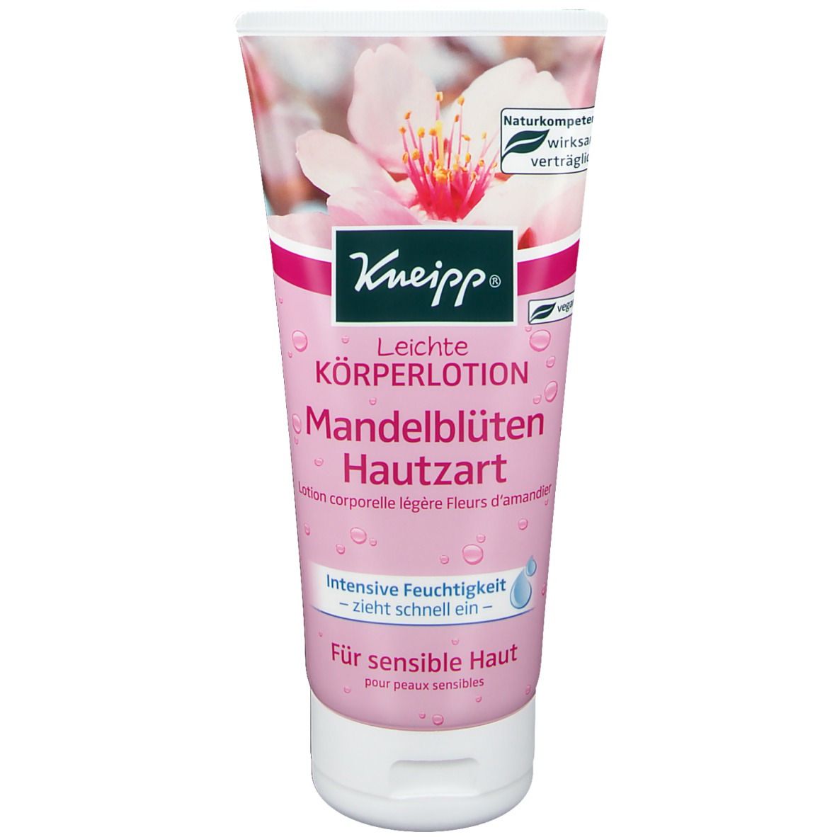 Rosa Tube mit Kneipp-Logo und Schriftzug 'Leichte Körperlotion Mandelblüten Hautzart'. Naturkosmetik-Siegel.