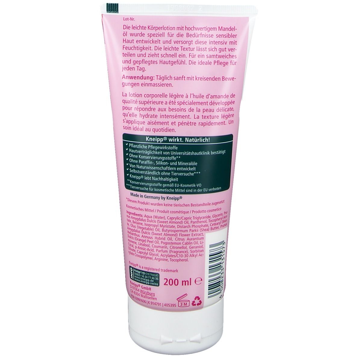 Rückseite der rosa Tube. Textinformationen, Inhaltsstoffe, Herstellerangaben und 200 ml Volumenangabe.