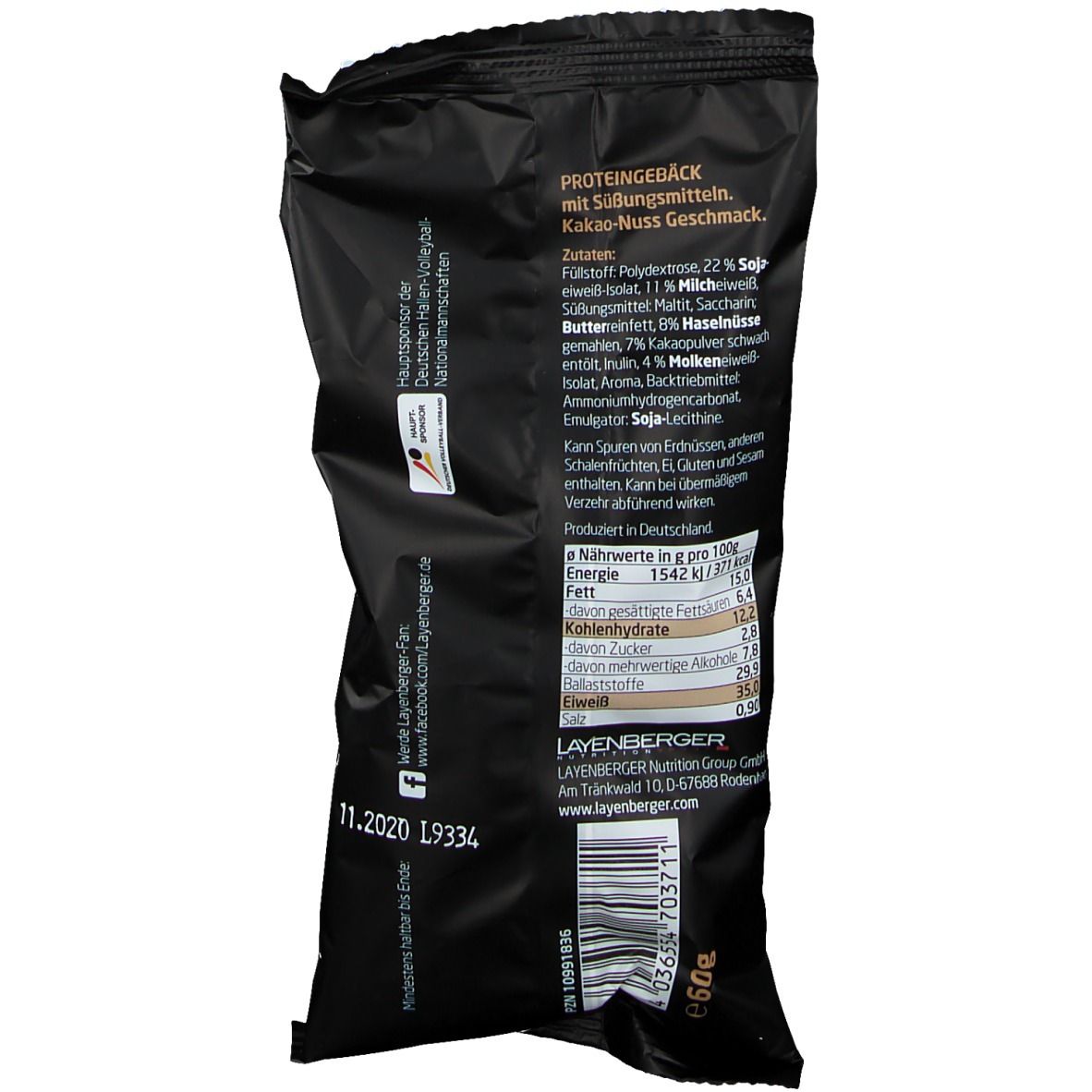 Rückseite der Verpackung mit Zutatenliste und Nährwertangaben. Enthält Informationen über den Hersteller.