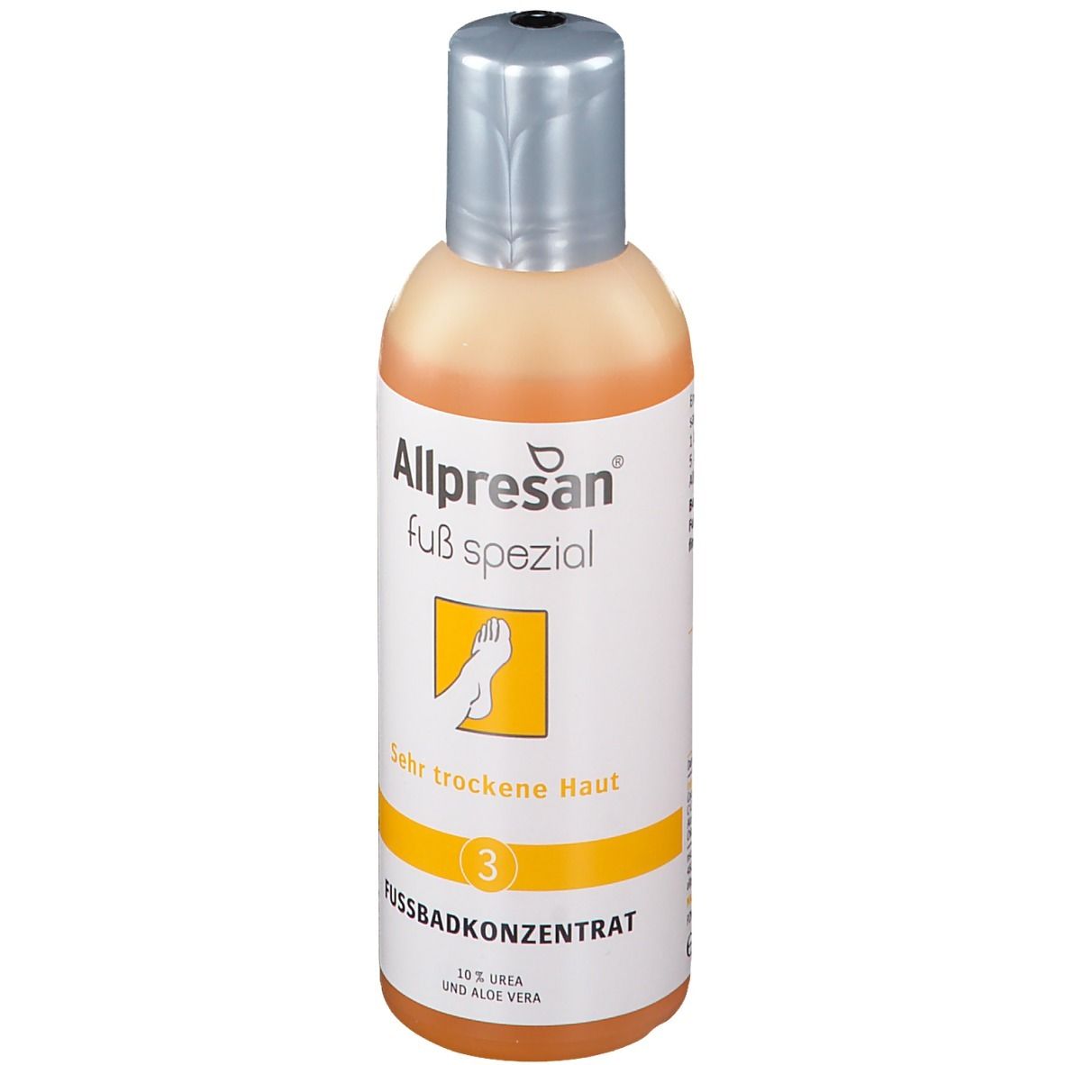 Flasche Allpresan Fuß spezial Nr. 3 Fußbadkonzentrat. Orange Flüssigkeit, silberner Deckel. Aufschrift: Sehr trockene Haut.