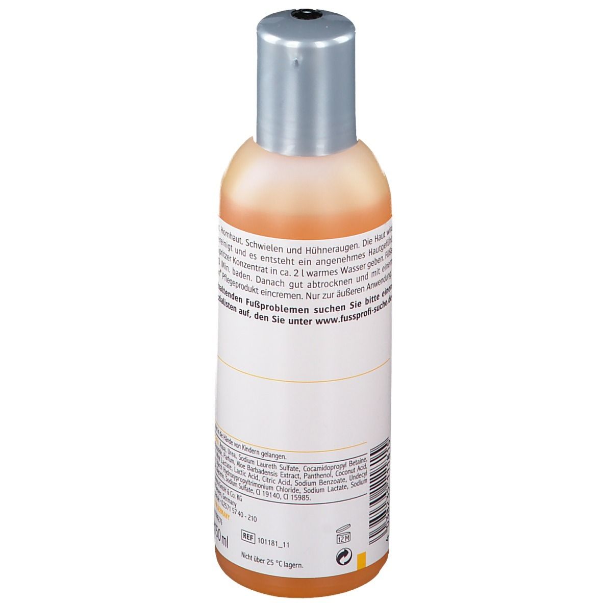 Flasche Allpresan Fuß spezial Nr. 3 Fußbadkonzentrat. Orange Flüssigkeit, silberner Deckel. Aufschrift: Sehr trockene Haut.