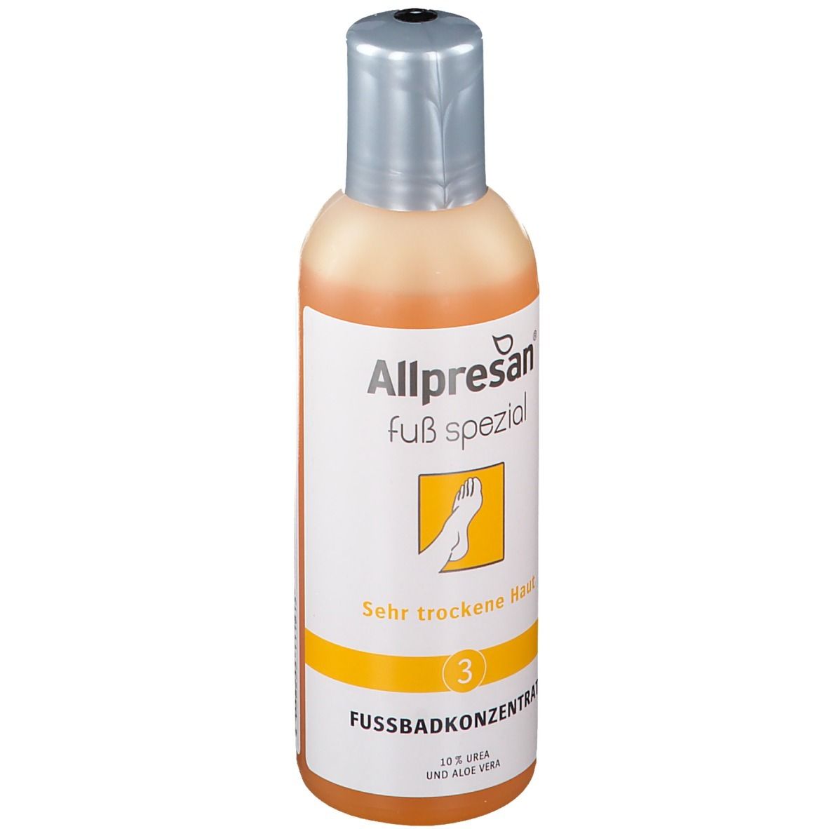 Flasche Allpresan Fuß spezial Nr. 3 Fußbadkonzentrat. Orange Flüssigkeit, silberner Deckel. Aufschrift: Sehr trockene Haut.