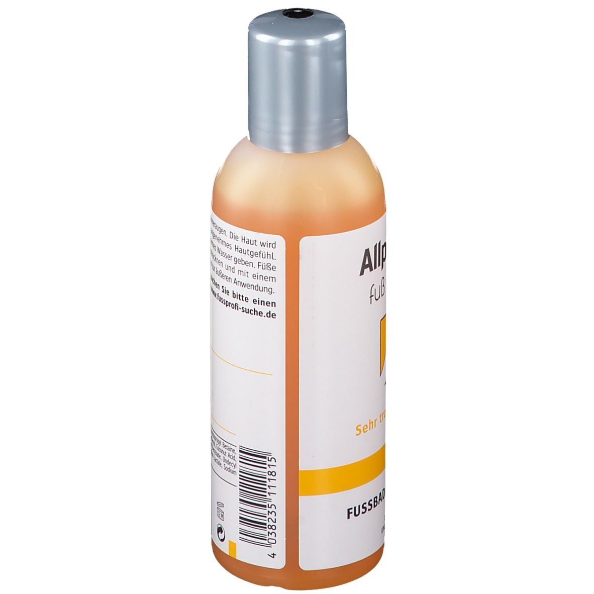 Flasche Allpresan Fuß spezial Nr. 3 Fußbadkonzentrat. Orange Flüssigkeit, silberner Deckel. Aufschrift: Sehr trockene Haut.