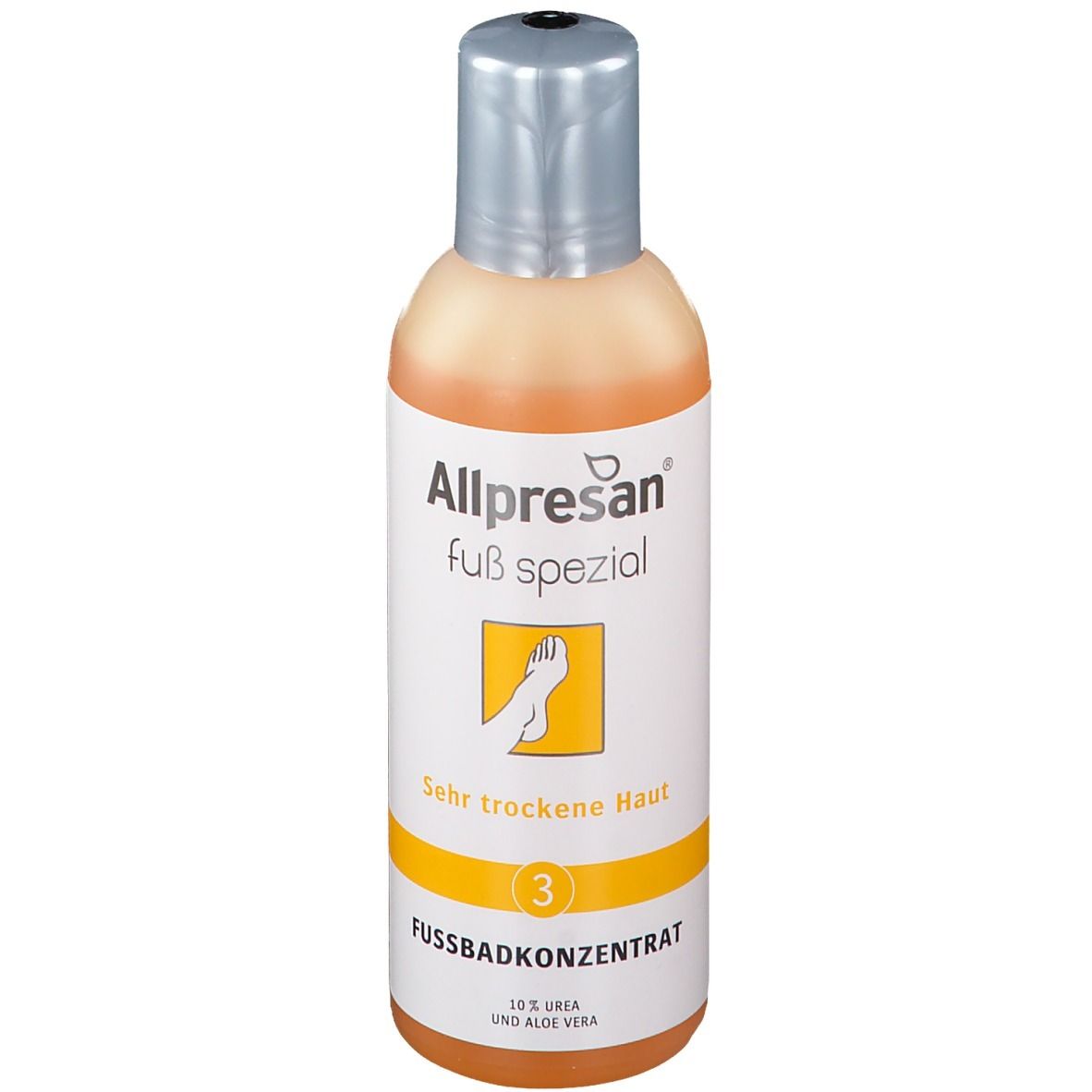 Flasche Allpresan Fuß spezial Nr. 3 Fußbadkonzentrat. Orange Flüssigkeit, silberner Deckel. Aufschrift: Sehr trockene Haut.