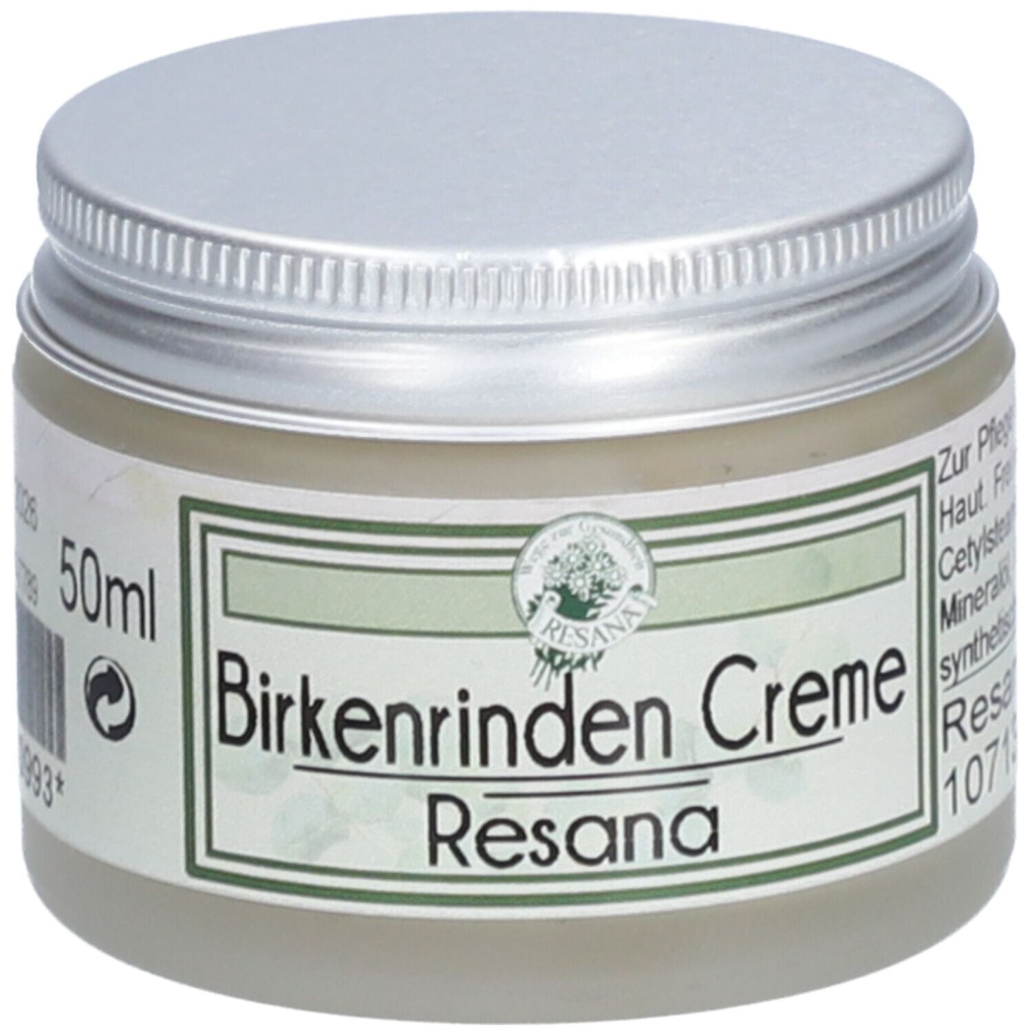 Creme-Glas mit silbernem Deckel. Auf dem Etikett steht "Birkenrinden Creme" und "Resana".