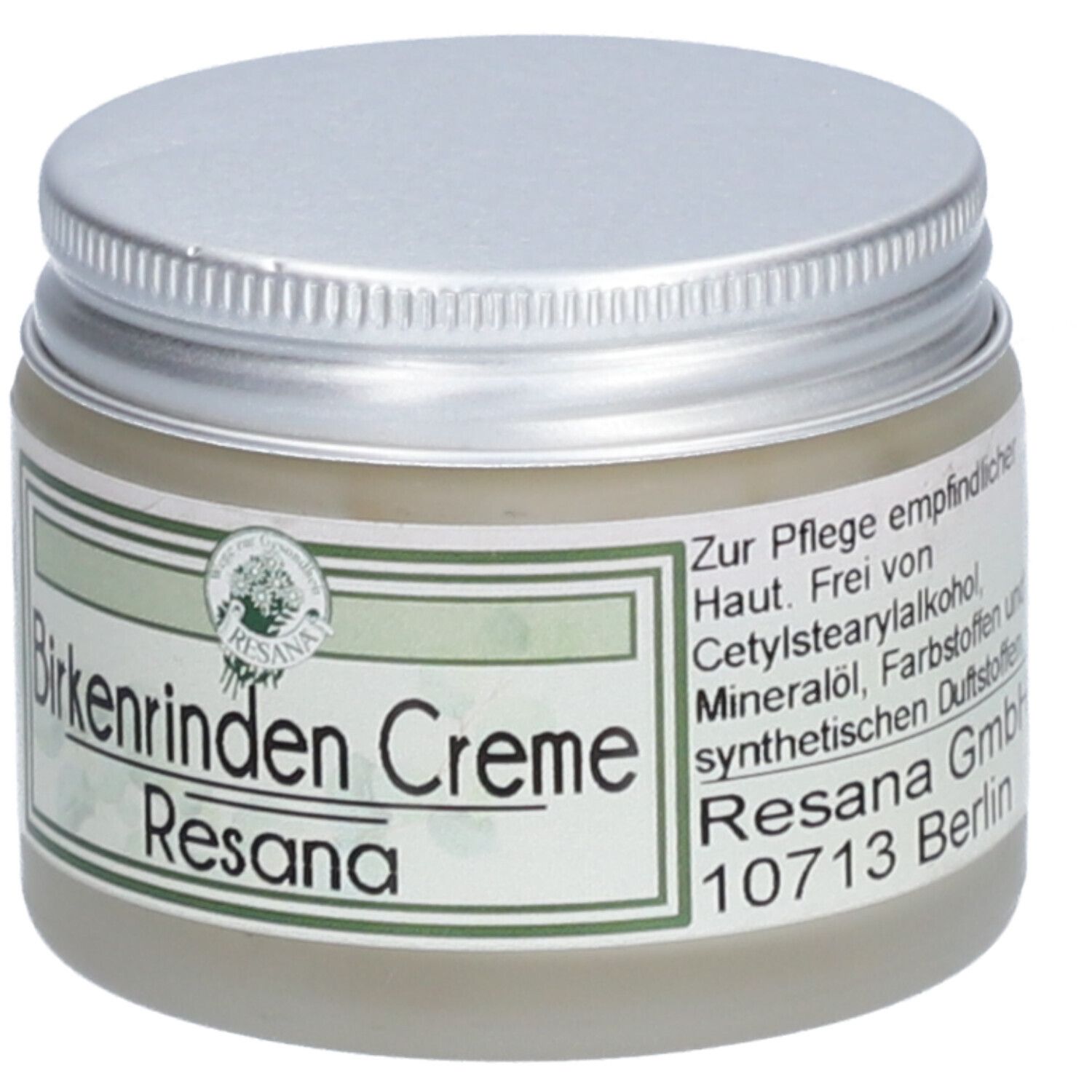 Creme-Glas mit silbernem Deckel. Auf dem Etikett steht "Birkenrinden Creme", "Resana" und weitere Informationen.
