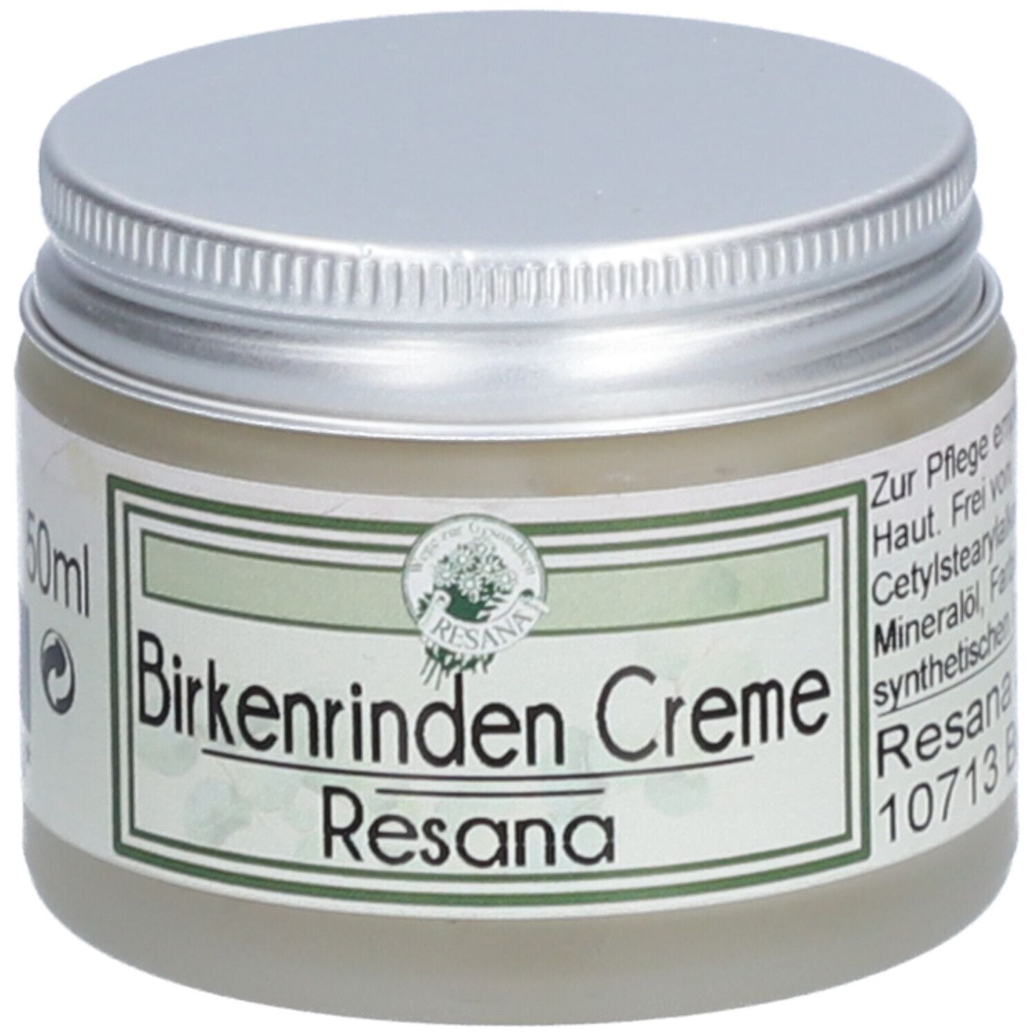 Creme-Glas mit silbernem Deckel. Auf dem Etikett steht "Birkenrinden Creme" und "Resana".