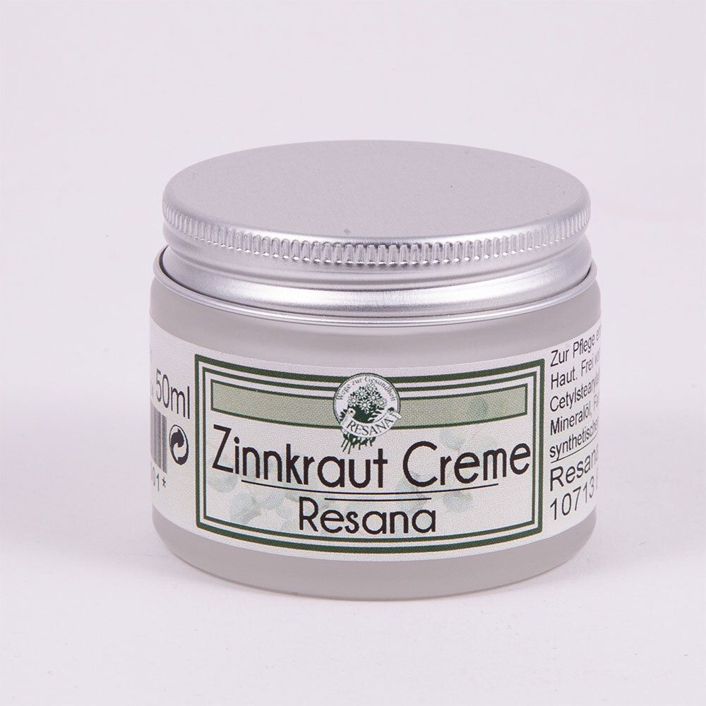 Creme-Glas mit silbernem Deckel. Auf dem Etikett steht "Zinnkraut Creme Resana".