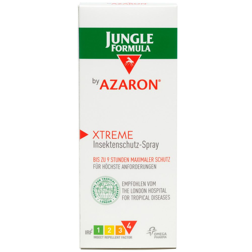 Weißer Karton mit grünem Streifen. Text: Jungle Formula by Azaron Xtreme Insektenschutz-Spray. IRF-Skala.