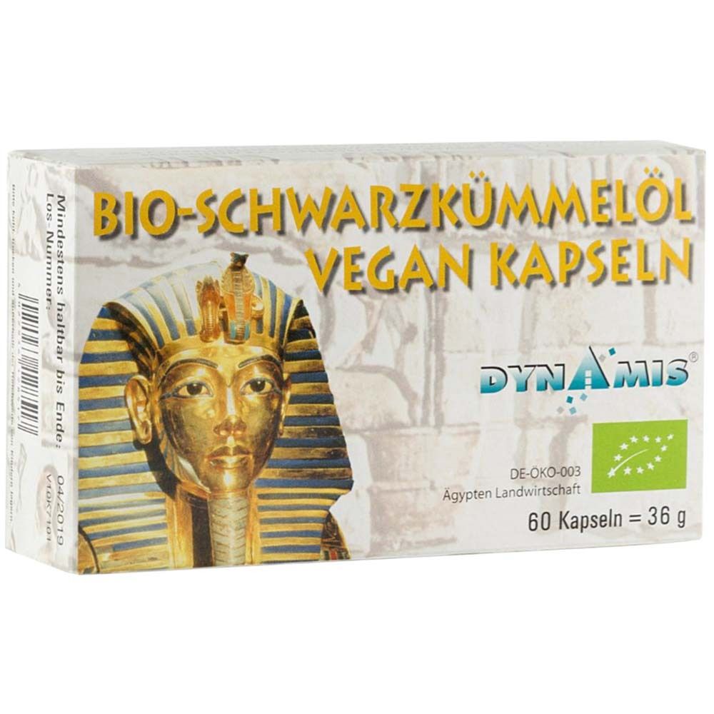 Karton mit Kapseln. Aufdruck: BIO-Schwarzkümmelöl Vegan Kapseln. Bild von Tutanchamun. Logo Dynamis und Bio-Siegel.