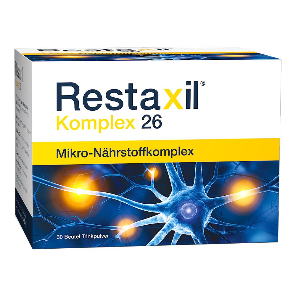 Schachtel mit Restaxil Komplex 26. Aufschrift: Mikro-Nährstoffkomplex. 30 Beutel Trinkpulver. Abbildung eines Nervenzellen-Netzwerks.
