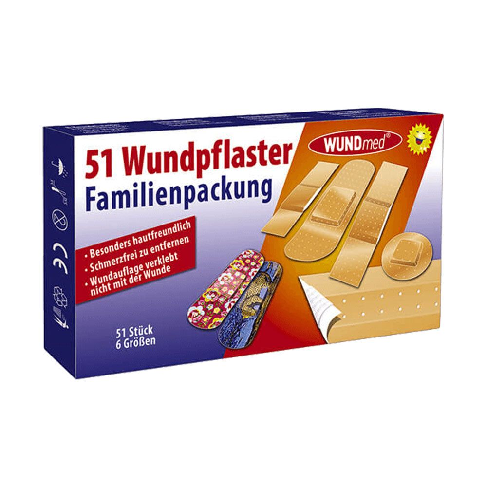 WUNDmed Familienpackung mit 51 Wundpflastern in 6 Größen. Verpackung mit Produktabbildung und CE-Zeichen.