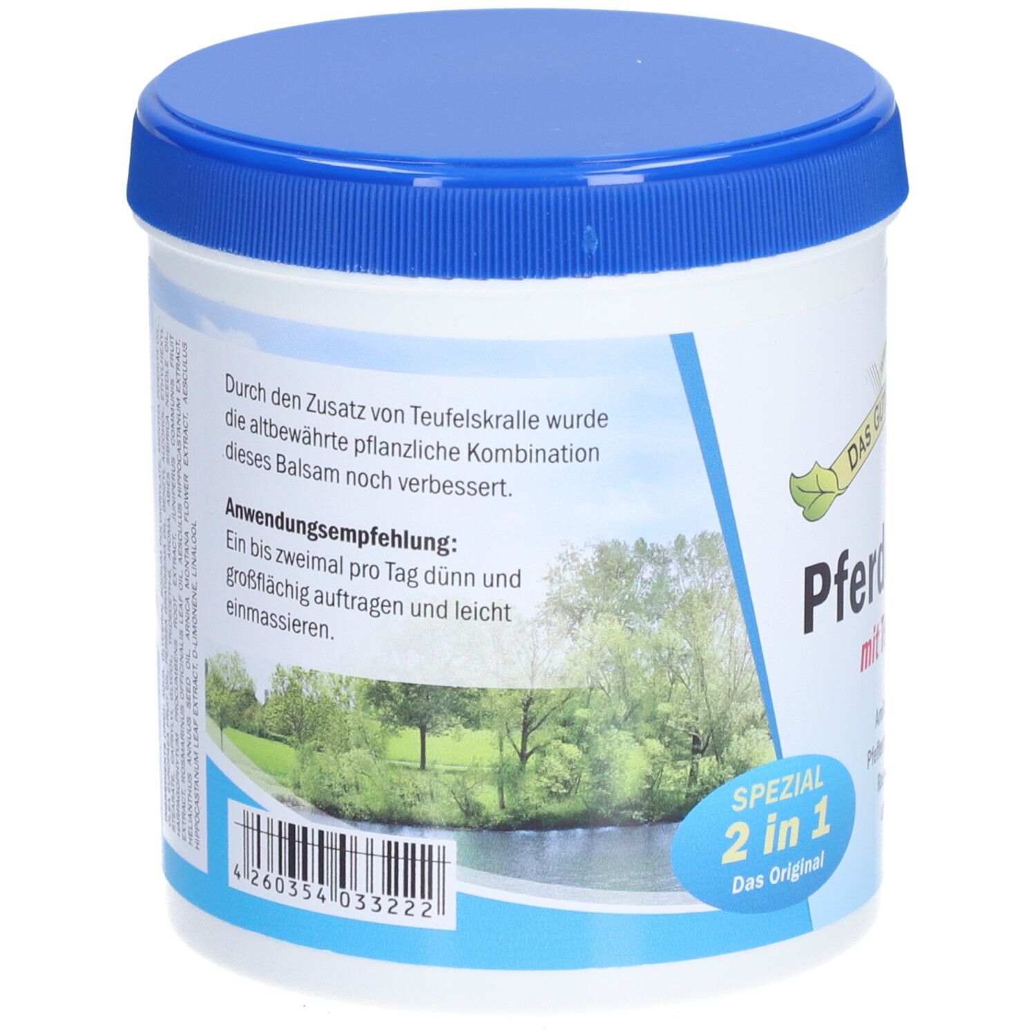 Rückseite des weißen Tiegels mit blauem Deckel. Text: Anwendungsempfehlung. Landschaftsbild mit Fluss.