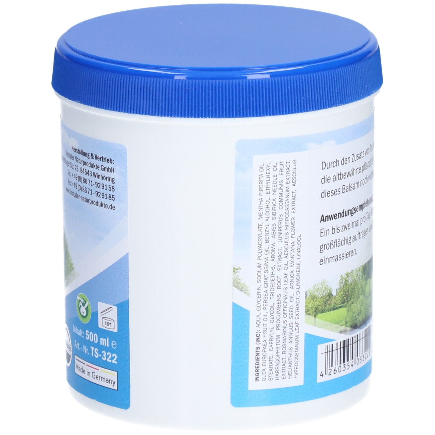 Rückseite des weißen Tiegels mit blauem Deckel. Text: Inhaltsstoffe. Landschaftsbild mit Fluss. 500 ml.