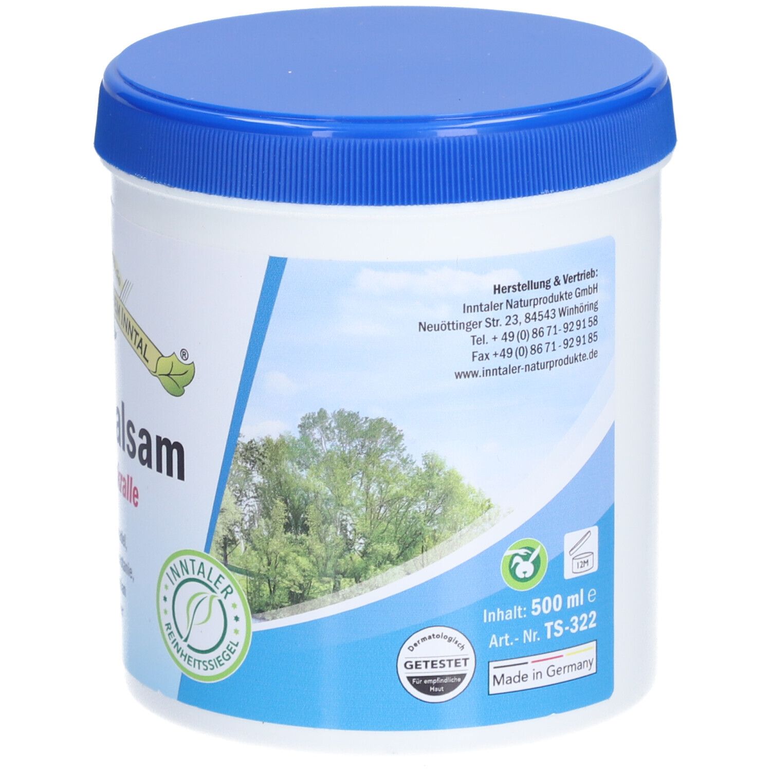 Weißer Tiegel mit blauem Deckel. Aufschrift: Pferdebalsam mit Teufelskralle. Logo: Das Gute aus dem Inntal. 500 ml.