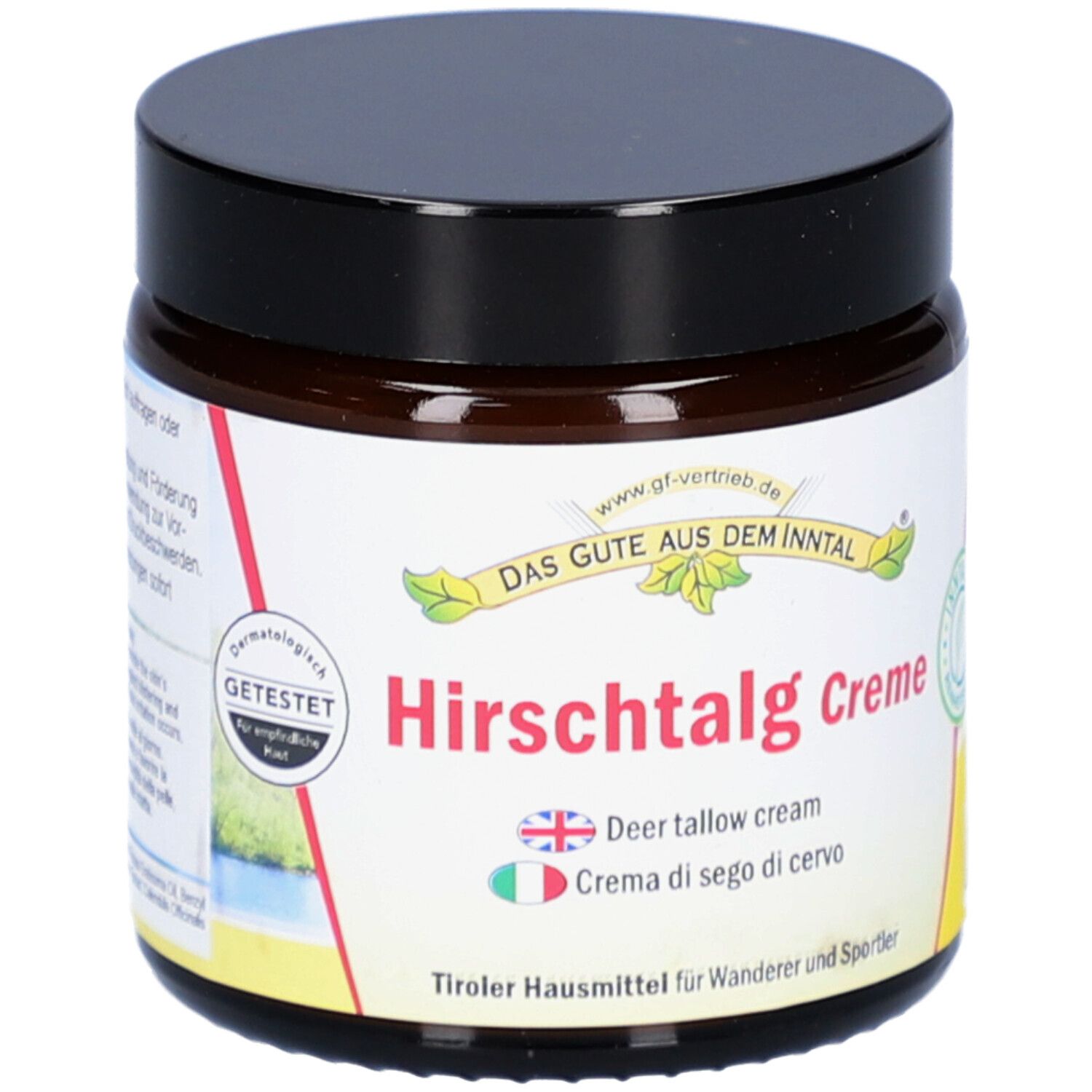 Braunes Tiegel mit schwarzem Deckel. Auf dem Etikett steht "Hirschtalg Creme" und "Deer tallow cream".