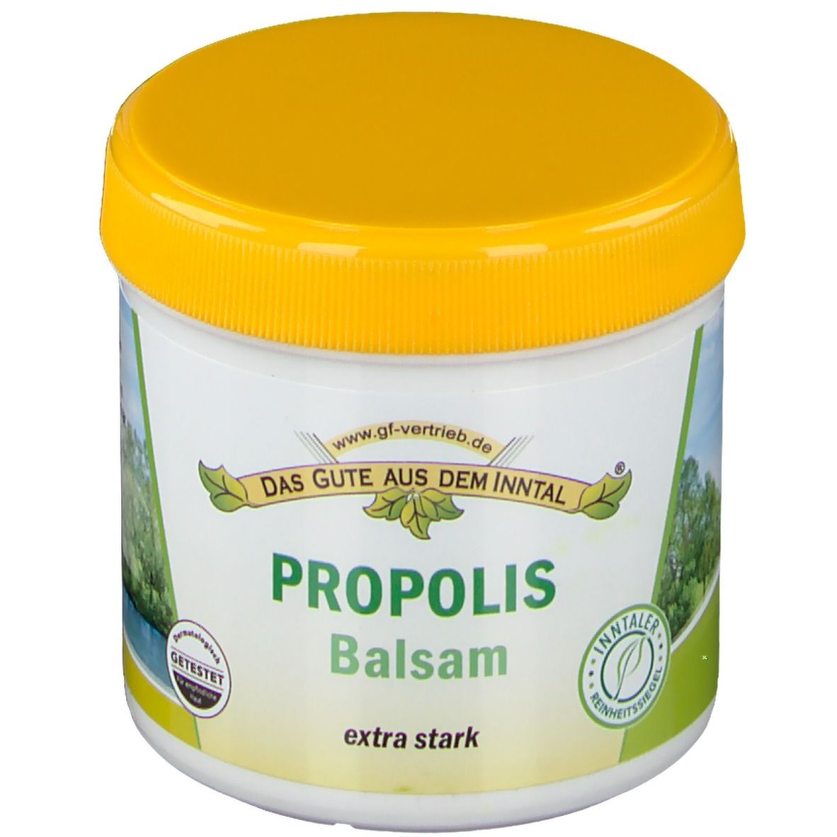 Weißer Tiegel mit gelbem Deckel. Aufschrift: PROPOLIS Balsam extra stark. Logo: Das Gute aus dem Inntal.