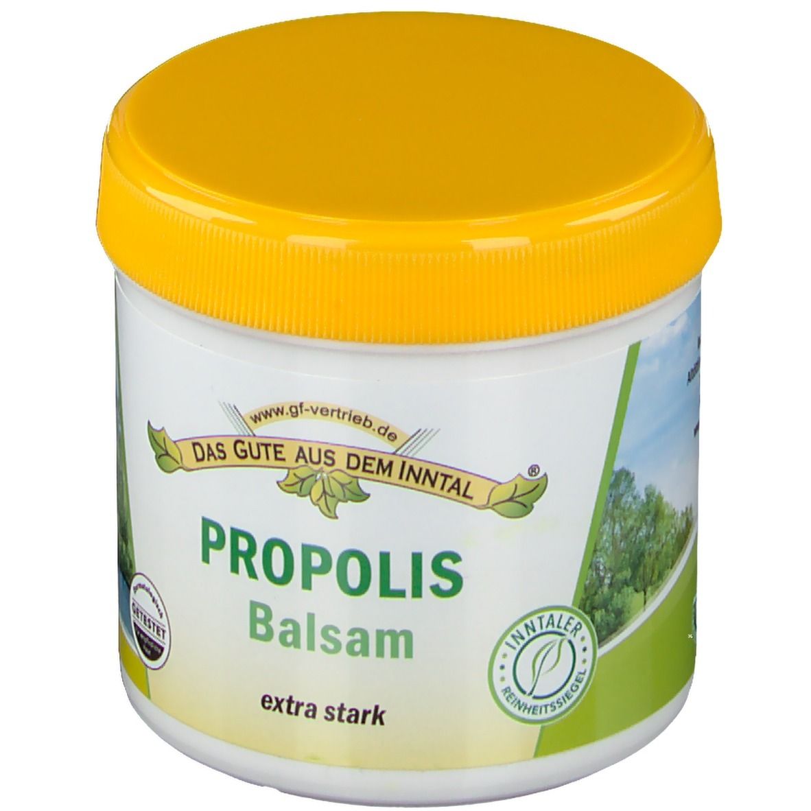 Weißer Tiegel mit gelbem Deckel. Aufschrift: PROPOLIS Balsam extra stark. Logo: Das Gute aus dem Inntal.