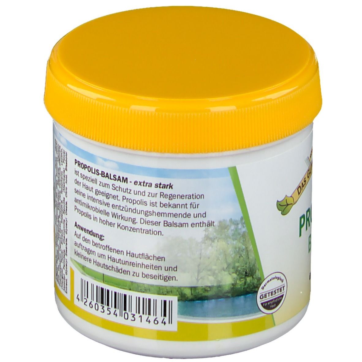 Weißer Tiegel mit gelbem Deckel. Rückseite mit Produktbeschreibung und Barcode. Made in Germany.