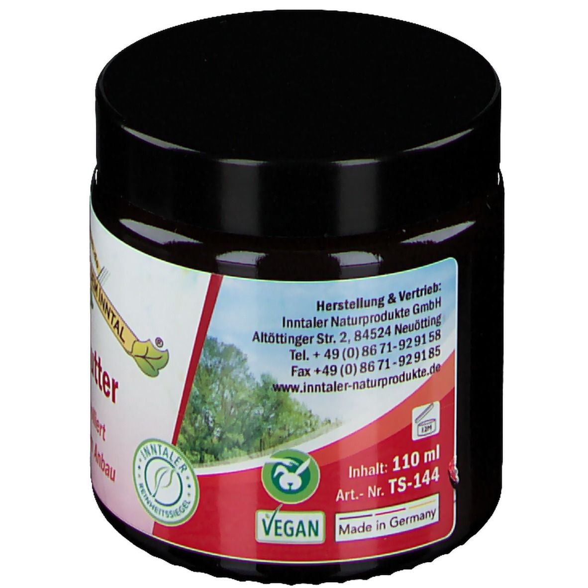 Dose mit schwarzem Deckel. Auf dem Etikett stehen Herstellerinformationen, "Inhalt: 110 ml" und "Vegan".