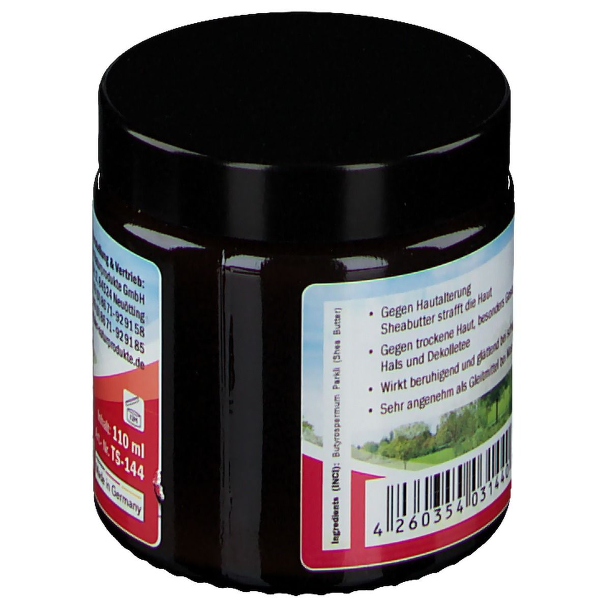 Dose mit schwarzem Deckel. Auf dem Etikett stehen Produktinformationen und ein Barcode.