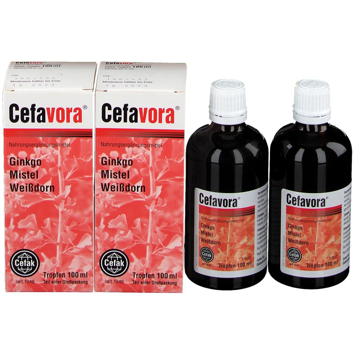 Zwei Flaschen Cefavora und zwei Kartons. Aufschrift: Ginkgo, Mistel, Weißdorn. Weiße Kartons mit roter Grafik.