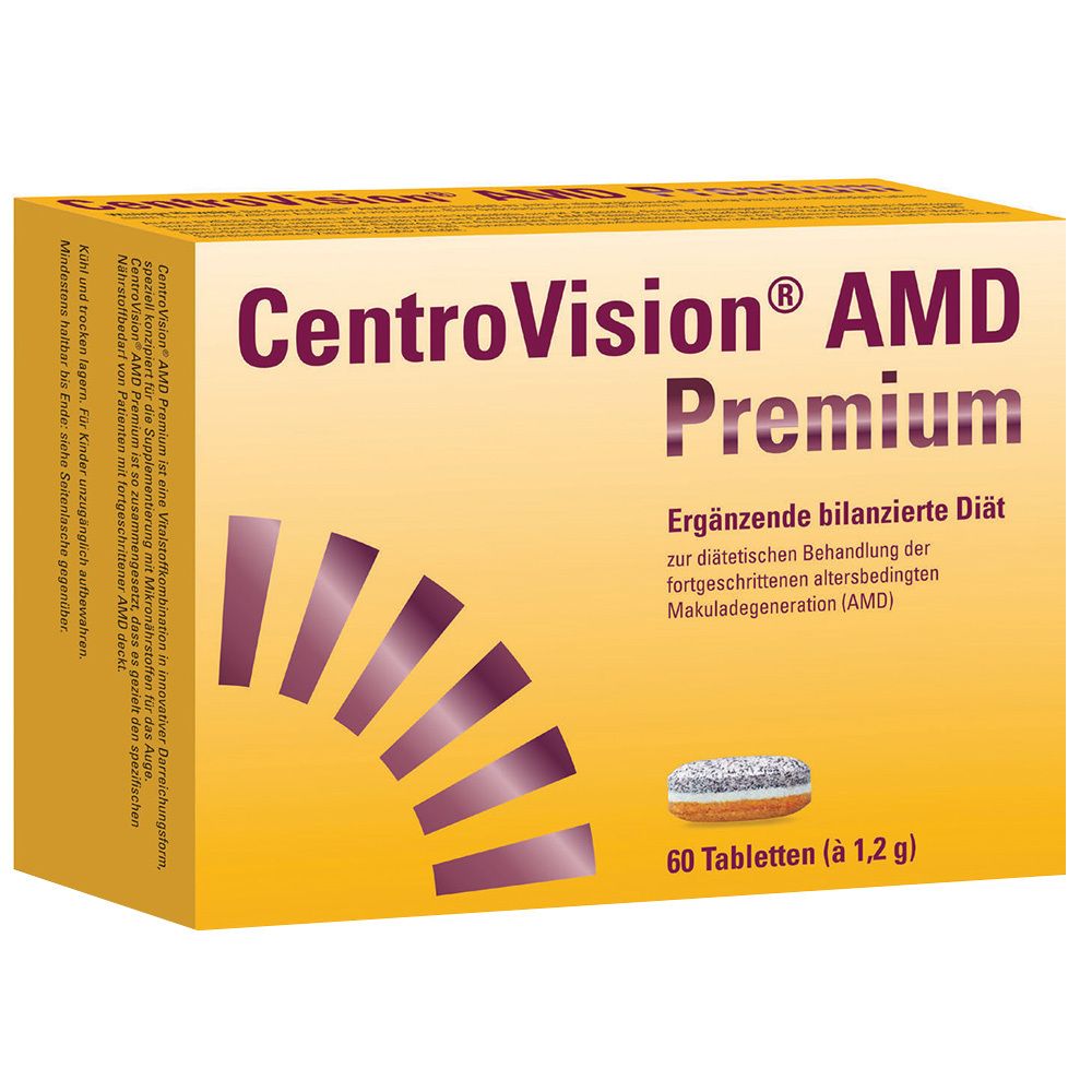 CentroVision AMD Premium-Verpackung. Gelbe Schachtel mit Produktnamen und Tabletten-Abbildung. 60 Tabletten.