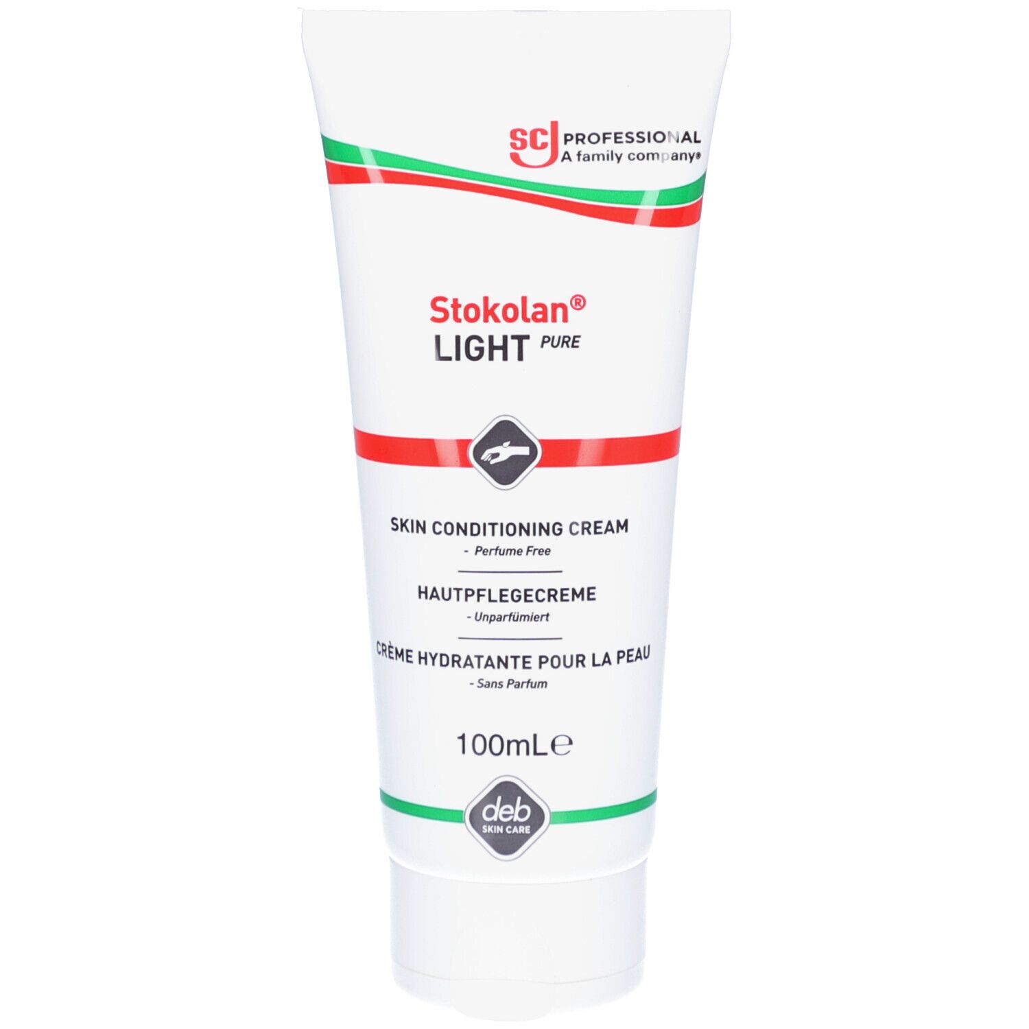 Weiße Tube mit roter und grüner Beschriftung. Enthält Stokolan Light Pure Hautpflegecreme. Text: Skin Conditioning Cream, 100ml.