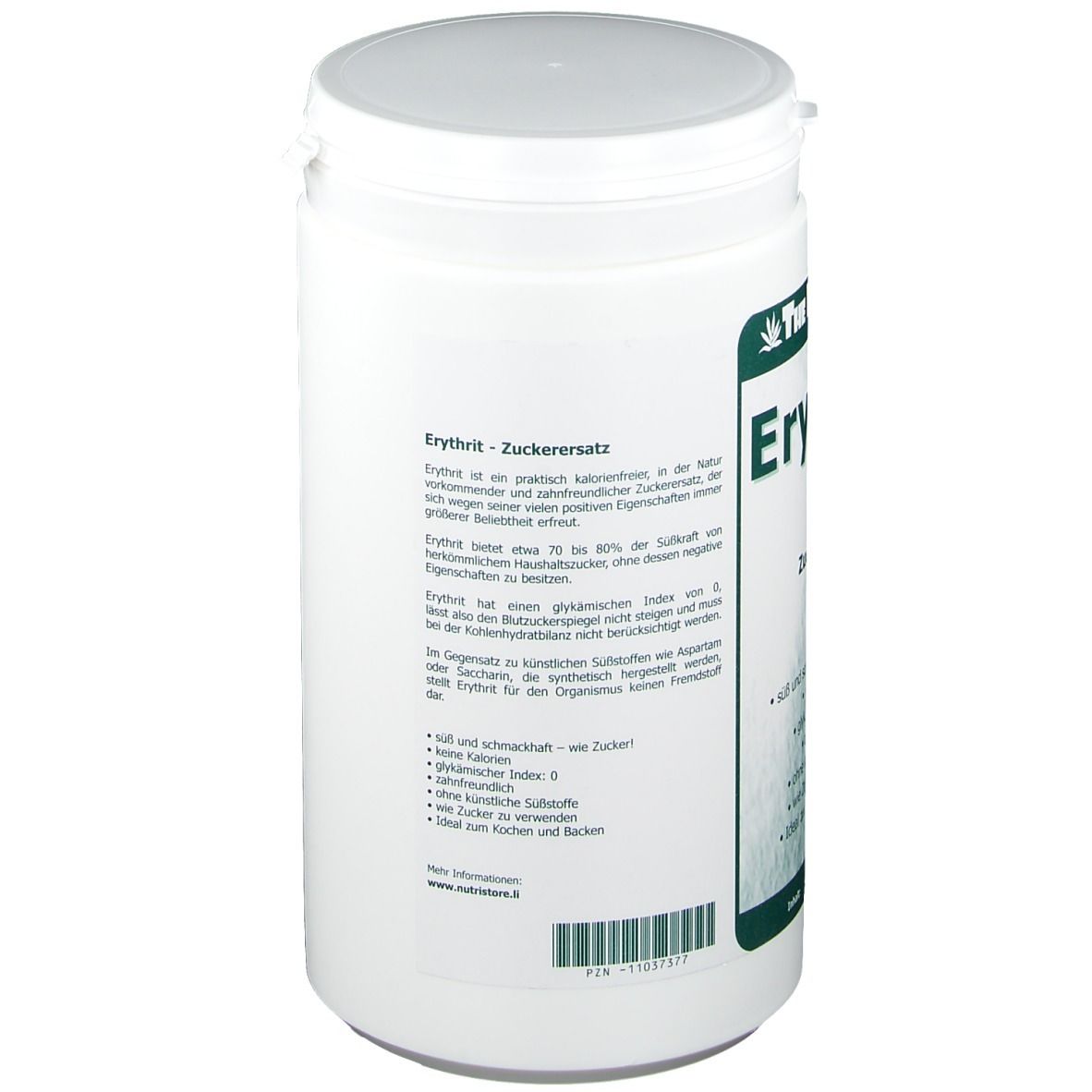 Weißer Behälter, Rückseite. Text: Erythrit Zuckerersatz, Nährwertangaben, Zutaten. Marke: The Nutri Store. Inhalt: 1000 g Pulver.