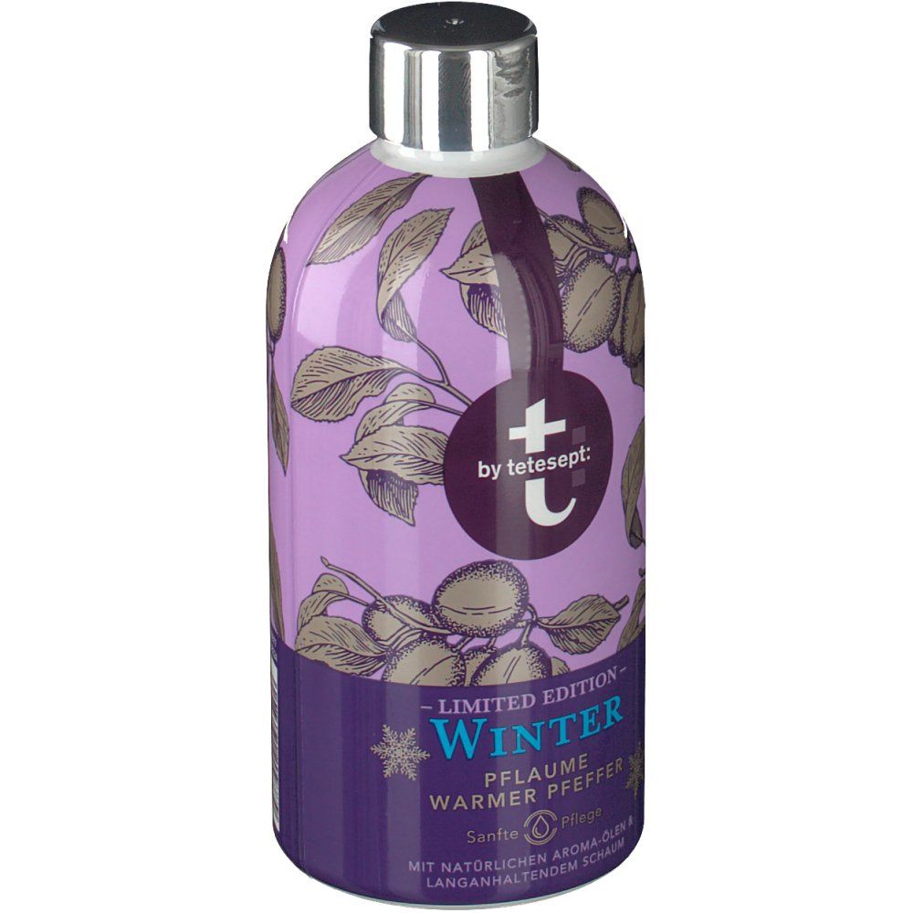 Flasche mit lila Etikett. "t by tetesept" und "Winter" Schriftzug. Pflaumen- und Blätter-Illustration.