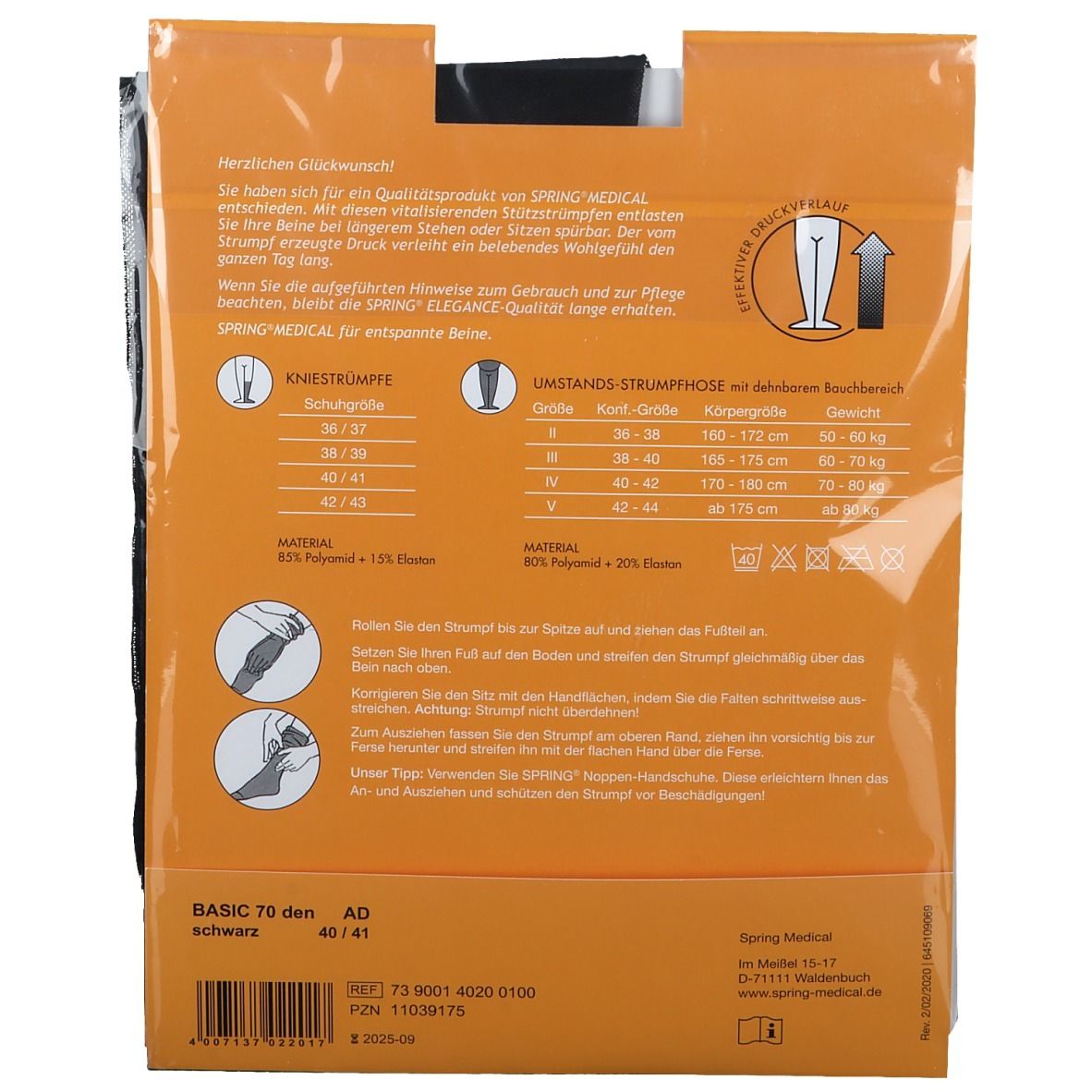 SPRING® ELEGANCE Basic Stützkniestrümpfe 70 DEN schwarz Gr. 40/41