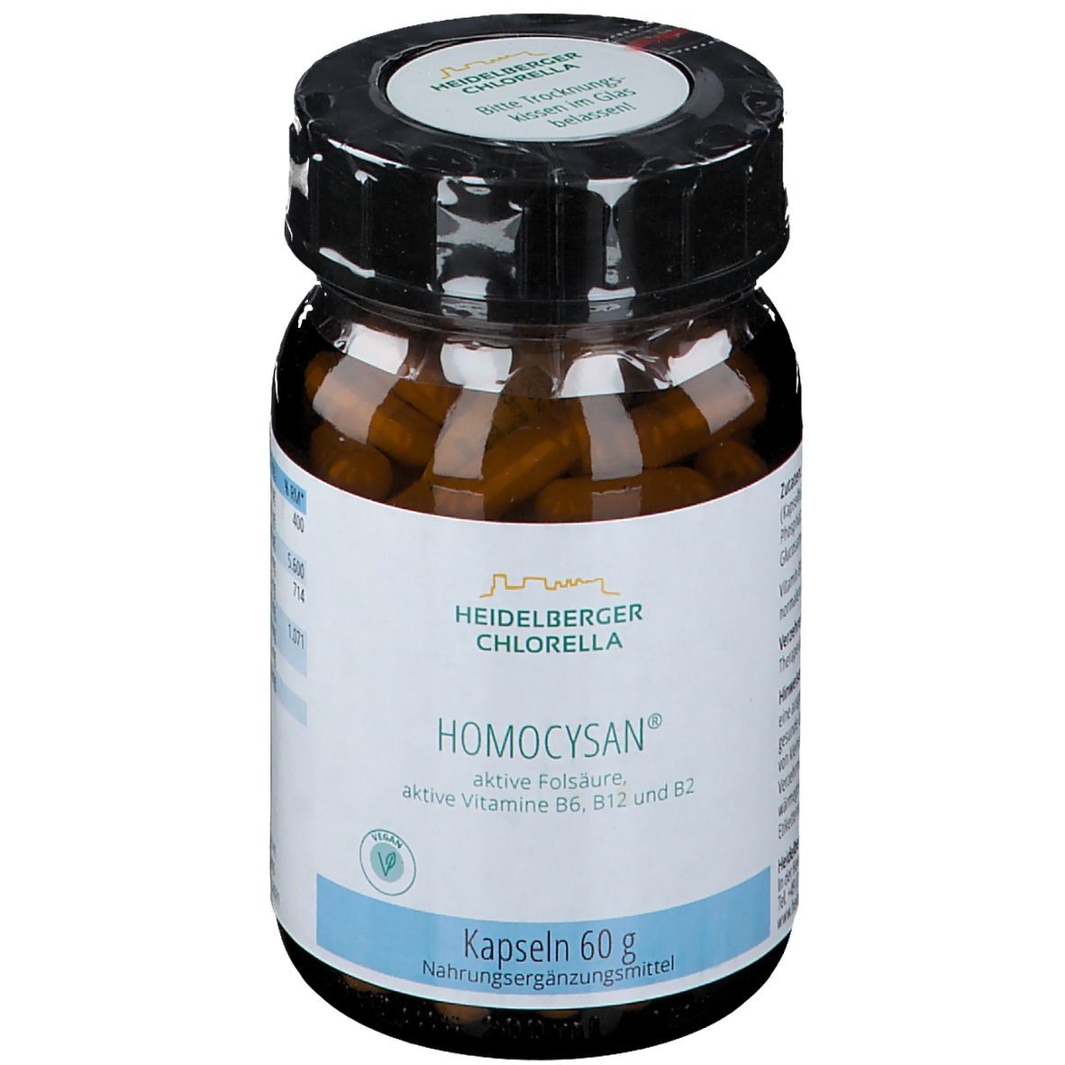 Braune Kapseln in einer braunen Glasflasche mit schwarzem Deckel. Aufschrift: Heidelberger Chlorella Homocysan, Kapseln 60 g.