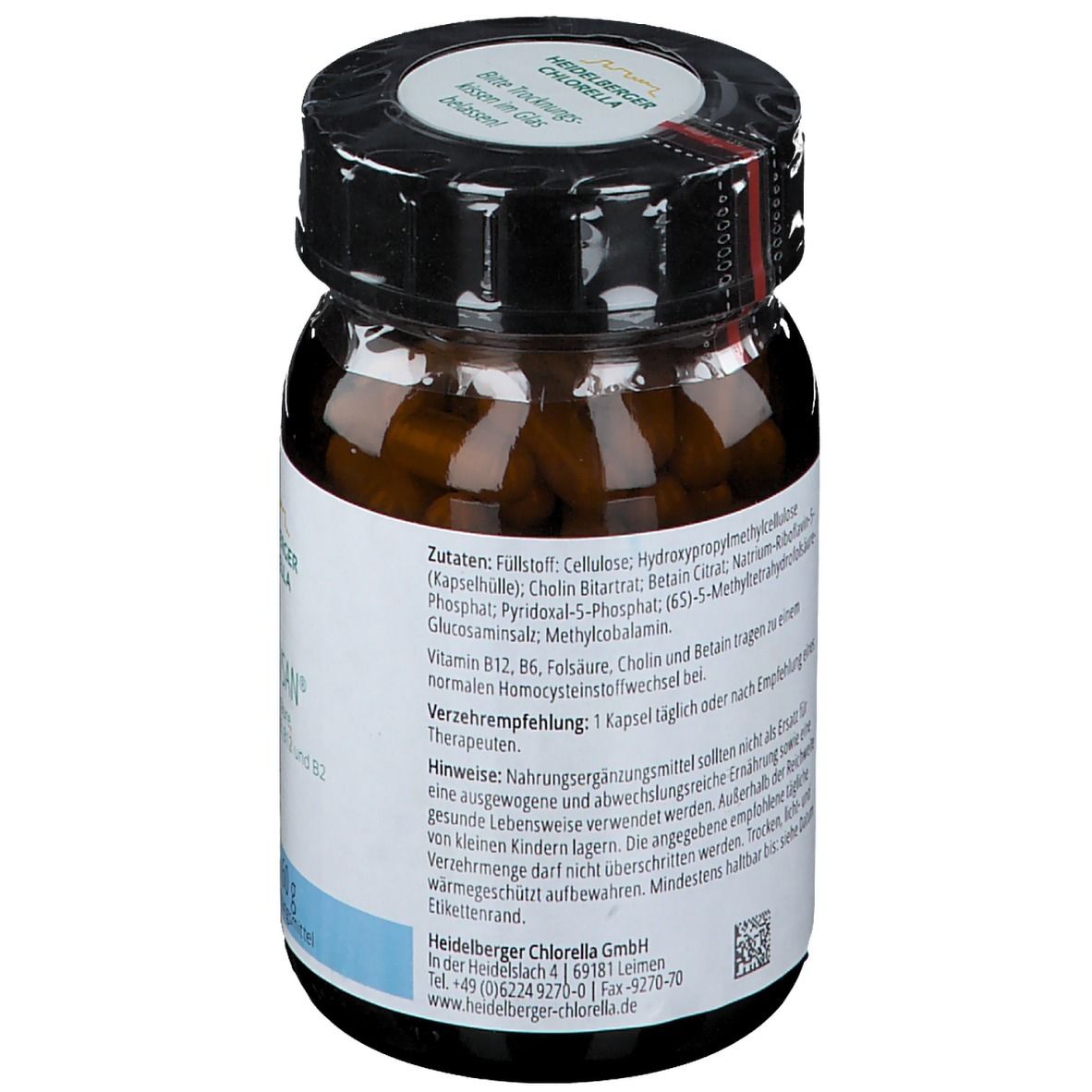 Rückseite einer braunen Glasflasche mit Kapseln. Aufschrift: Zutaten, Verzehrempfehlung, Hinweise. Heidelberger Chlorella GmbH.