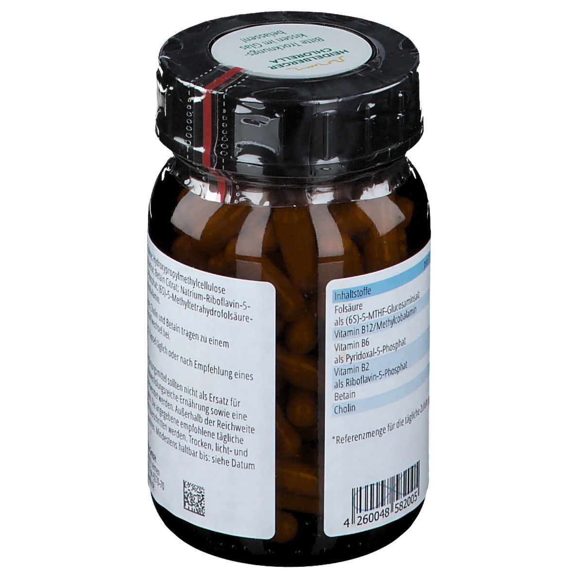 Rückseite einer braunen Glasflasche mit Kapseln. Aufschrift: Inhaltsstoffe, Referenzmenge, Chargennummer, Mindesthaltbarkeitsdatum.