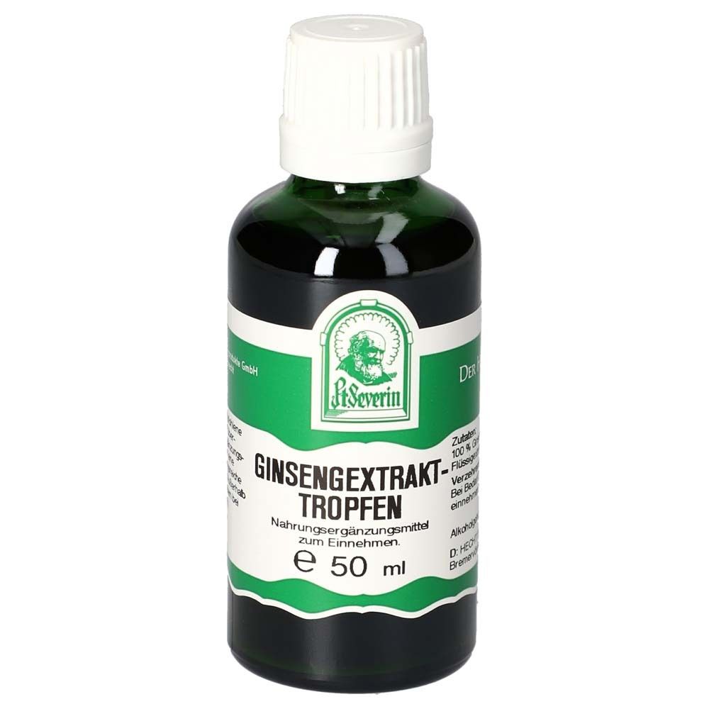 Grüne Glasflasche mit weißem Deckel. Etikett mit Produktname: Ginsengextrakt Tropfen. Logo: St. Severin.