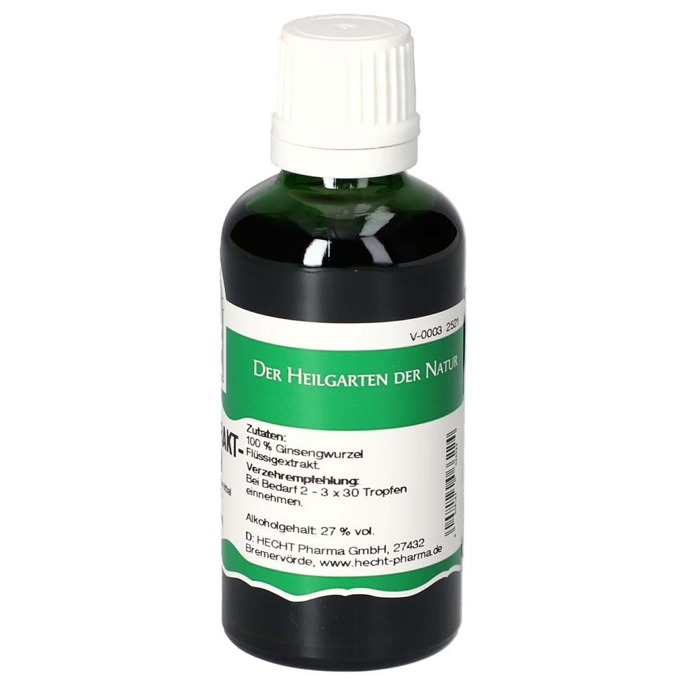 Grüne Glasflasche mit weißem Deckel. Etikett mit Produktinformationen. Text: Der Heilgarten der Natur. Ginsengextrakt.