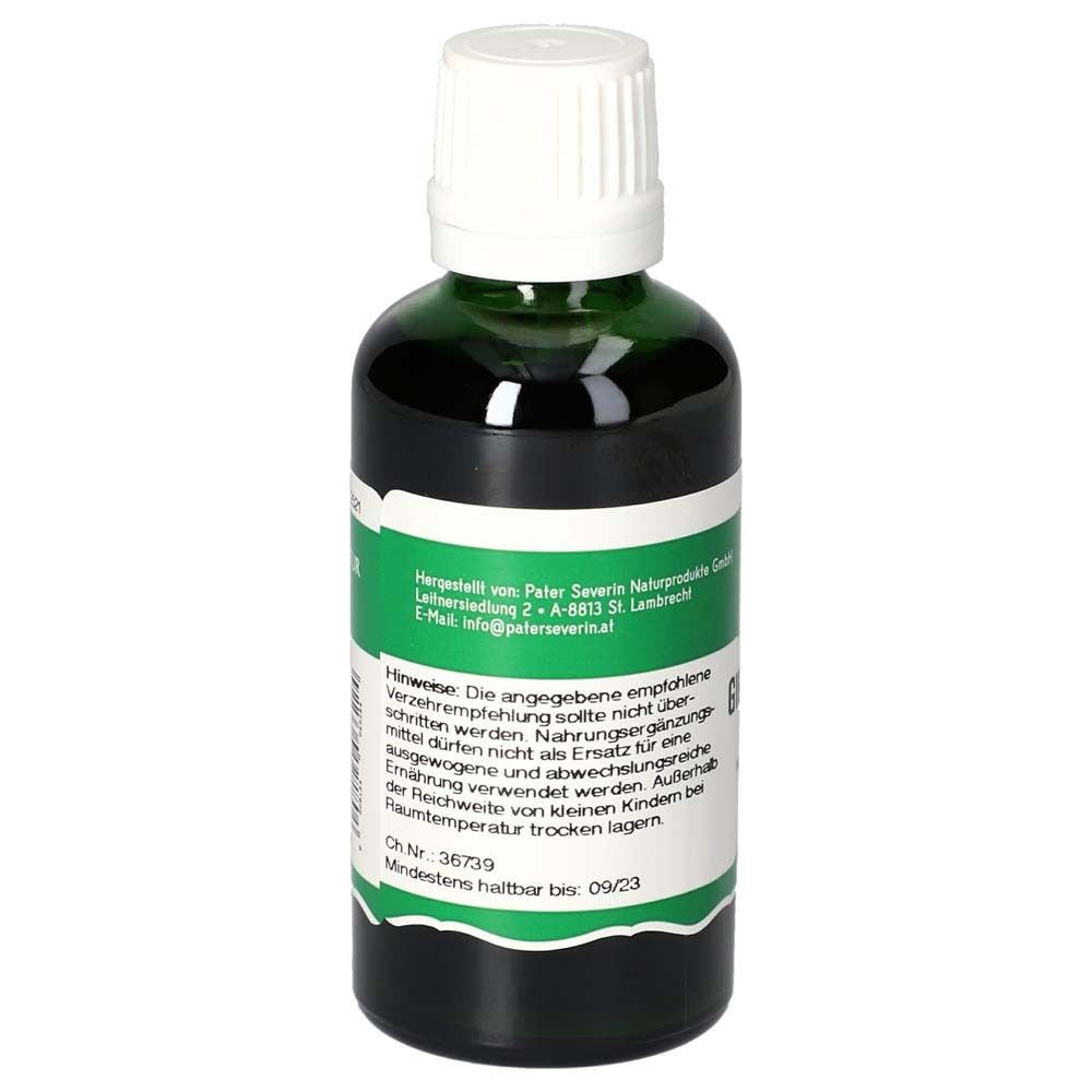 Grüne Glasflasche mit weißem Deckel. Etikett mit Produktinformationen. Text: Hinweise. Mindestens haltbar bis 09/23.