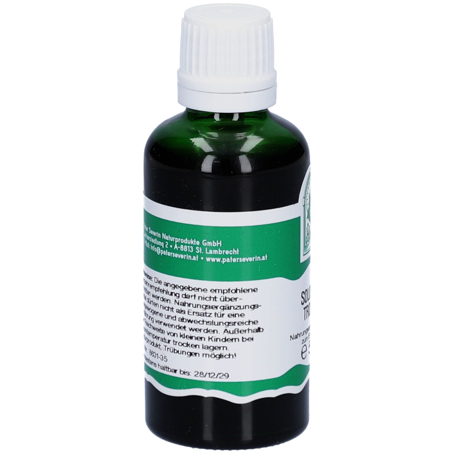Grüne Glasflasche mit weißem Deckel. Etikett mit Text und grünen Streifen. Rückansicht.