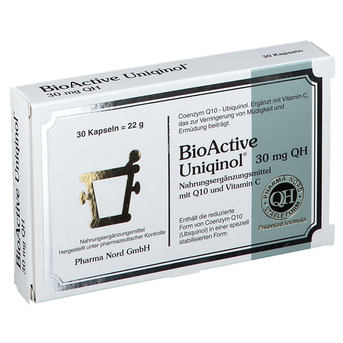 Weißer Karton mit Produktnamen und Logo. Enthält 30 Kapseln. Pharma Nord GmbH.