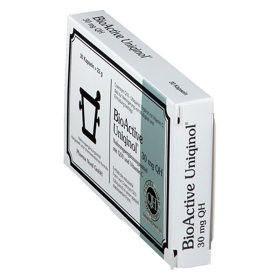 Schräg stehende weiße Produktverpackung. Aufdruck: BioActive Uniqinol 30 mg QH. 30 Kapseln.