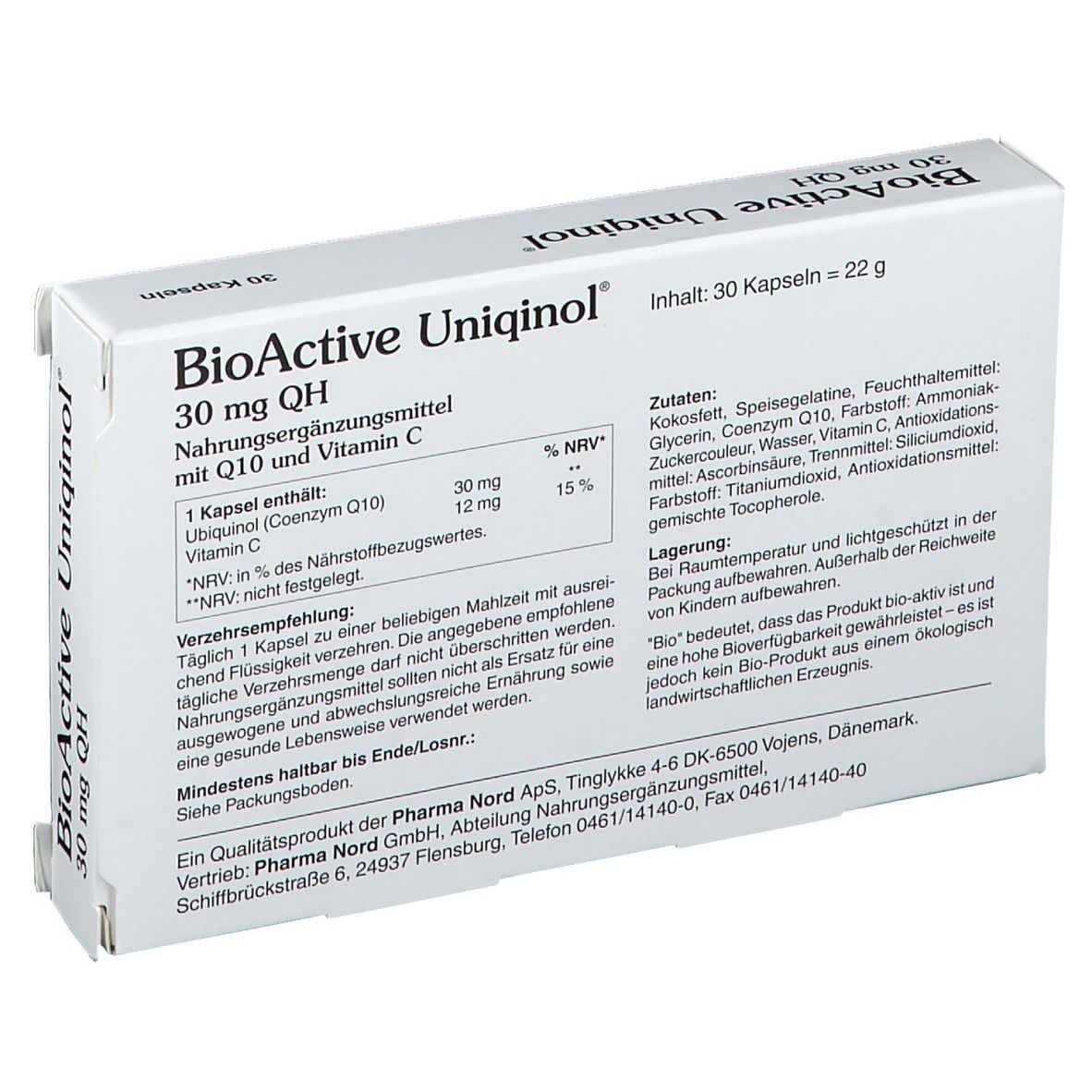 Geöffnete Produktverpackung mit Inhaltsangaben. Enthält 30 Kapseln. Pharma Nord GmbH.