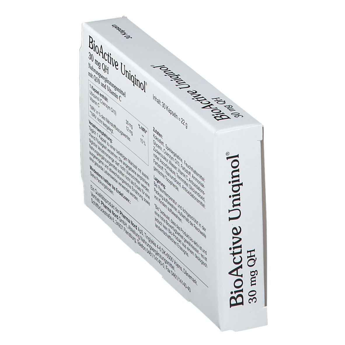 Schräg stehende Produktverpackung mit Inhaltsangaben. 30 Kapseln. Pharma Nord GmbH.