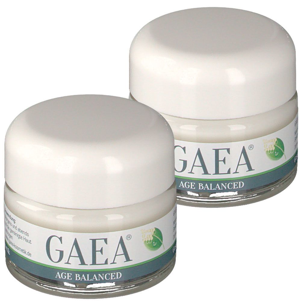 Zwei Tiegel mit weißem Deckel. Auf den Etiketten steht "GAEA AGE BALANCED".