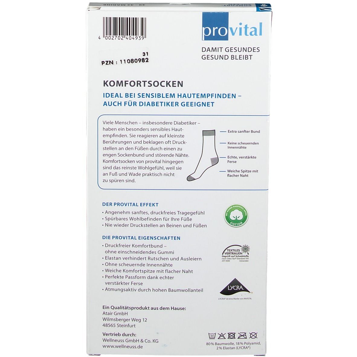 Rückseite der Verpackung mit Komfortsocken. Text: "provital", "Komfortsocken". Eigenschaften: weiche Komfortspitze, verstärkte Ferse, atmungsaktiv.