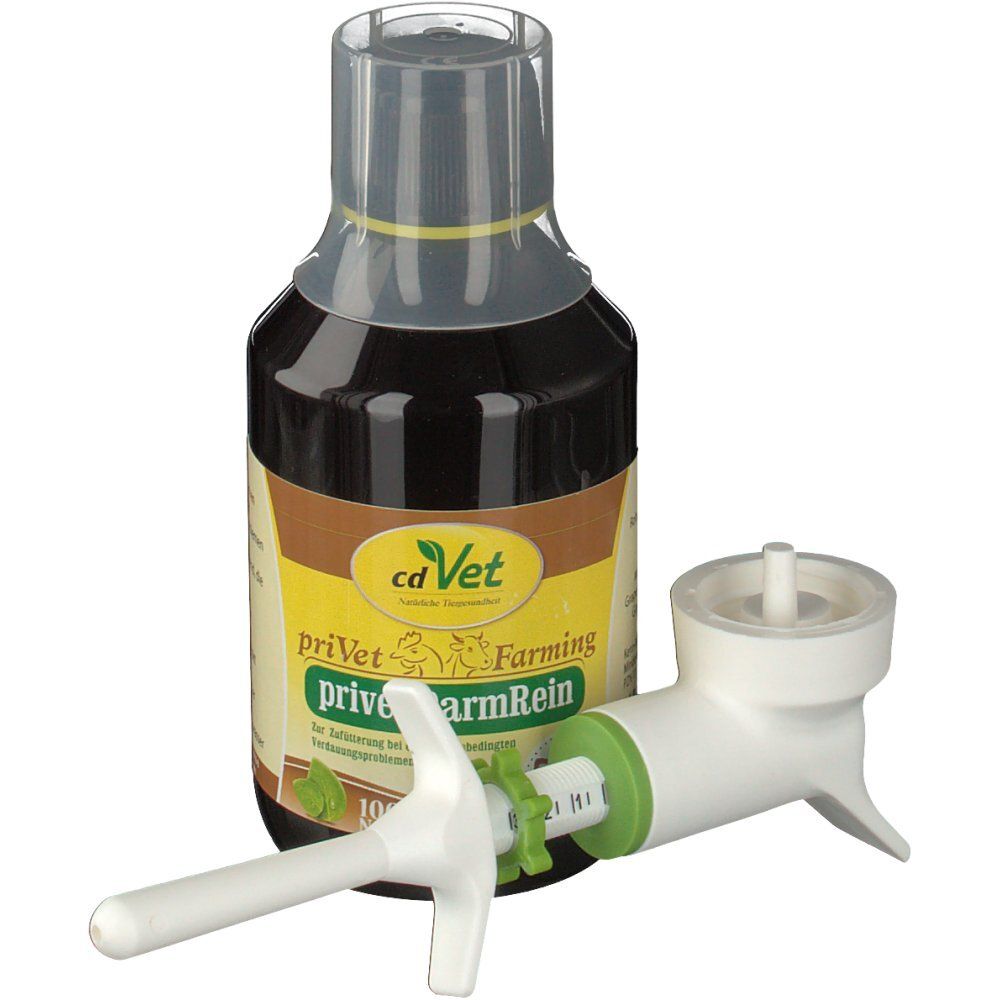 Braune Flüssigkeit in einer Flasche mit gelbem Etikett. Ein weißer Applikator liegt daneben. Auf dem Etikett steht "cd Vet privet DarmRein".