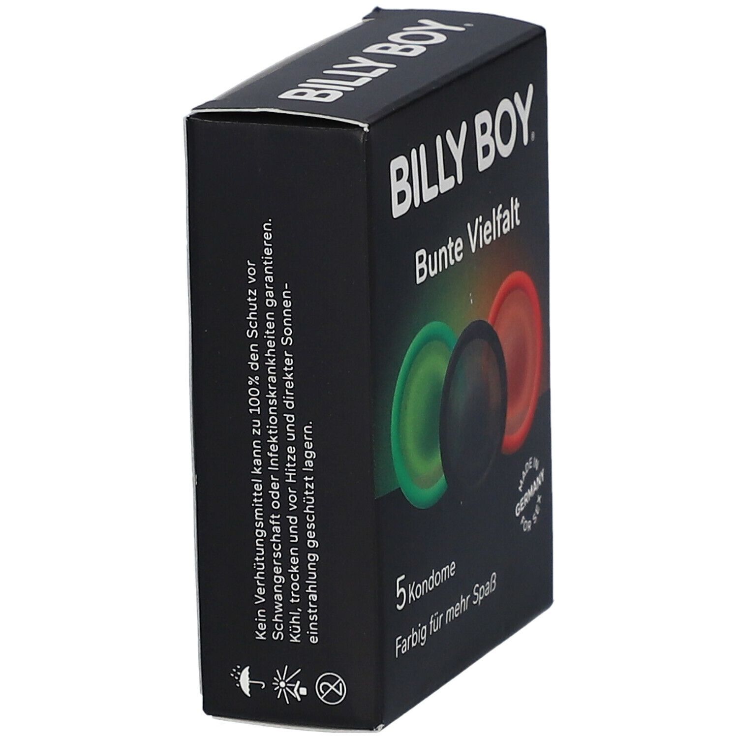 Packung mit 5 bunten Billy Boy Kondomen.